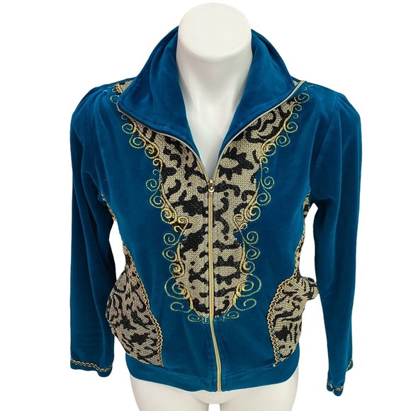Koc & Grup womens Track Jacket Medium Velour Turquoise Blue Zip Up Mock Neck - Picture 1 of 12